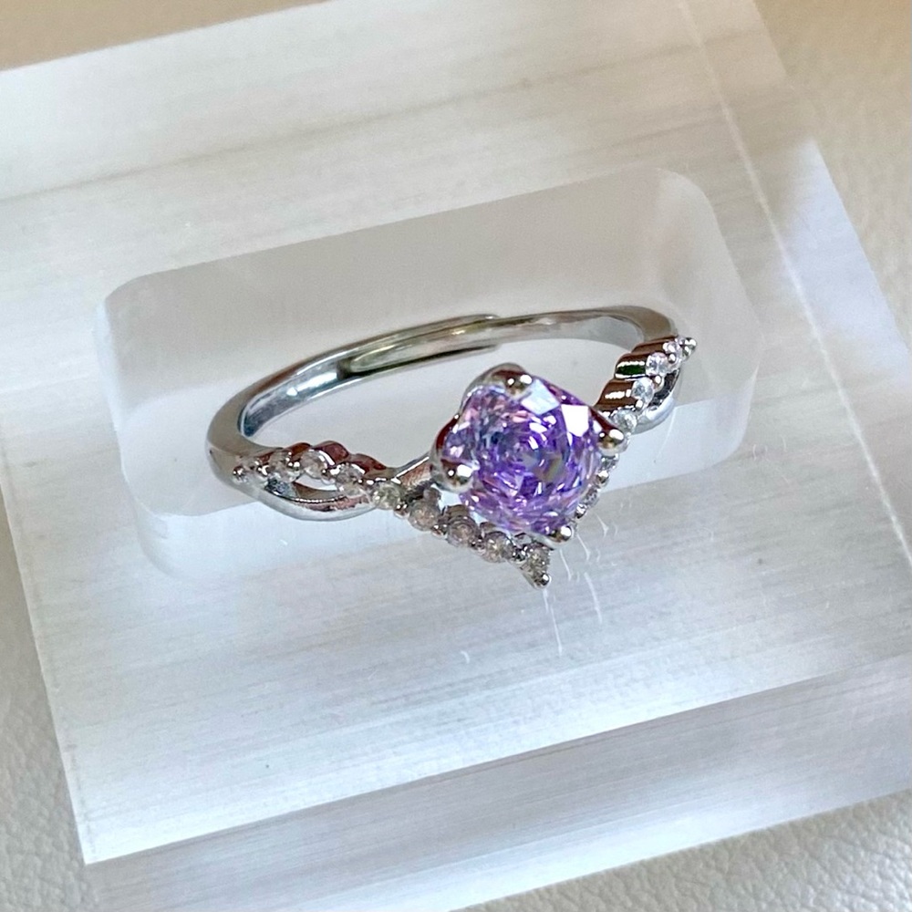 Silver rose cut Purple Solitaire Ring with Accent Stones